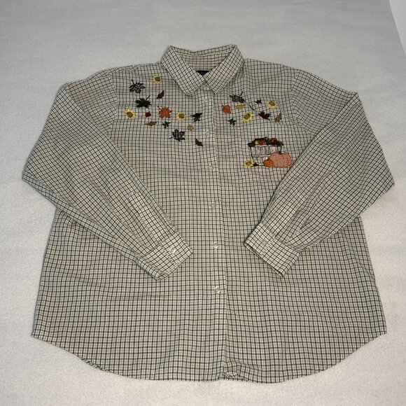 KAREN SCOTT Pumpkin Leaves Fall Embroidered Button Down Top Size Lg Plaid - Picture 1 of 9